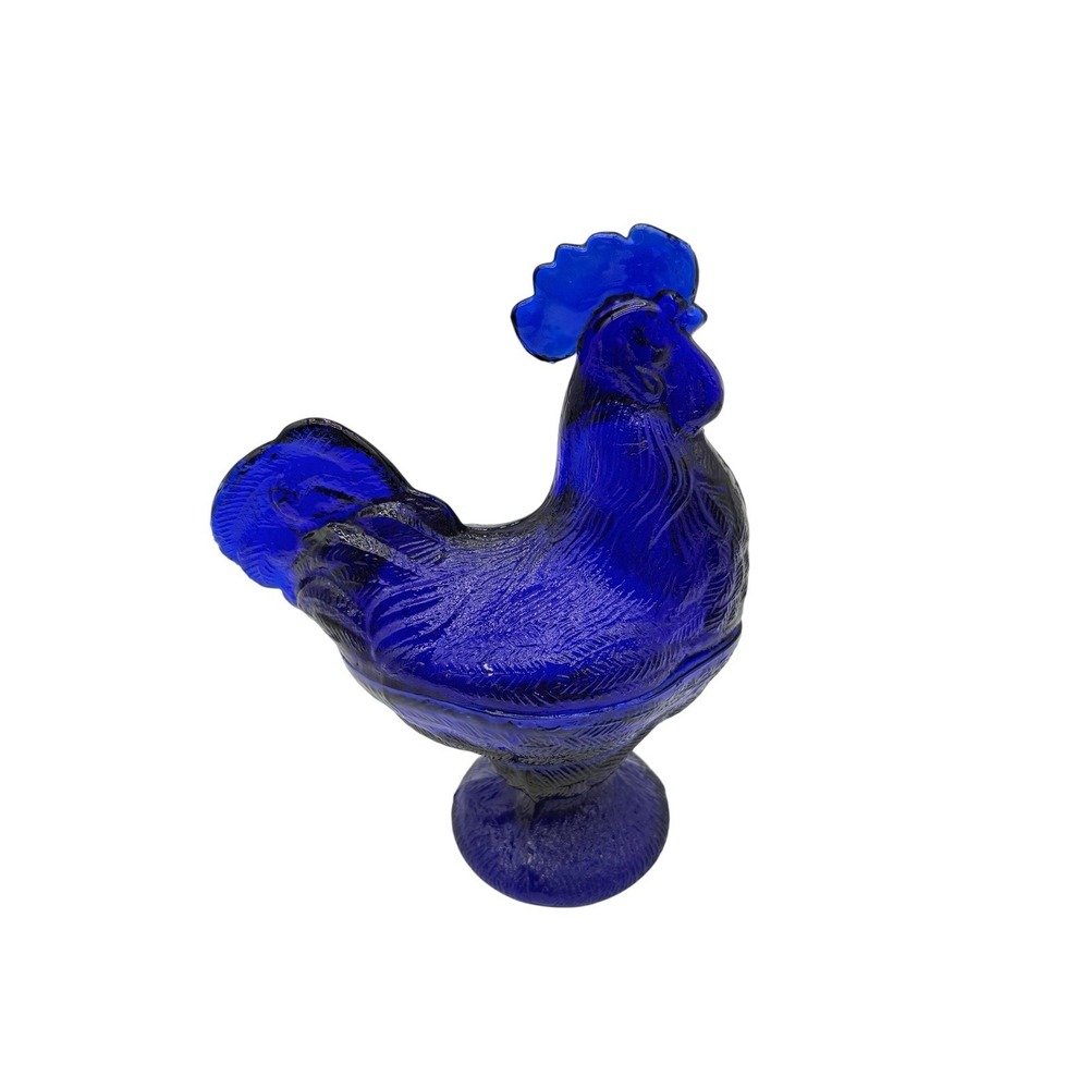 Vintage Cobalt Blue Glass Rooster Covered Dish Signed Candy Trinket Bowl 8"